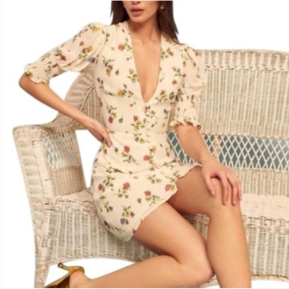 Reformation Alison Floral Cream Mini Dress with Button Detail - Picture 3 of 10